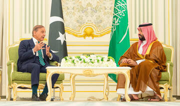 Saudi Arabia’s Crown Prince Mohammed bin Salman receives Pakistani PM Shehbaz Sharif at Al-Yamamah Palace in Riyadh. (SPA)